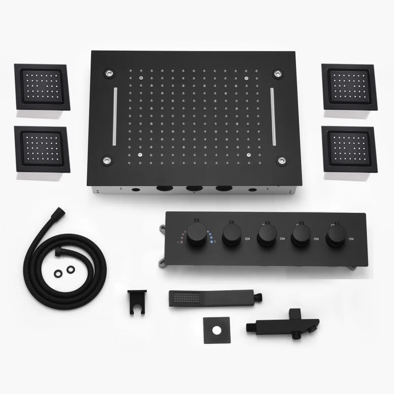 

Matte Black LED Shower Head Panel Rain Waterfall Shower System Set Lateral Jet With Thermostatic Mixer Valve Diverter