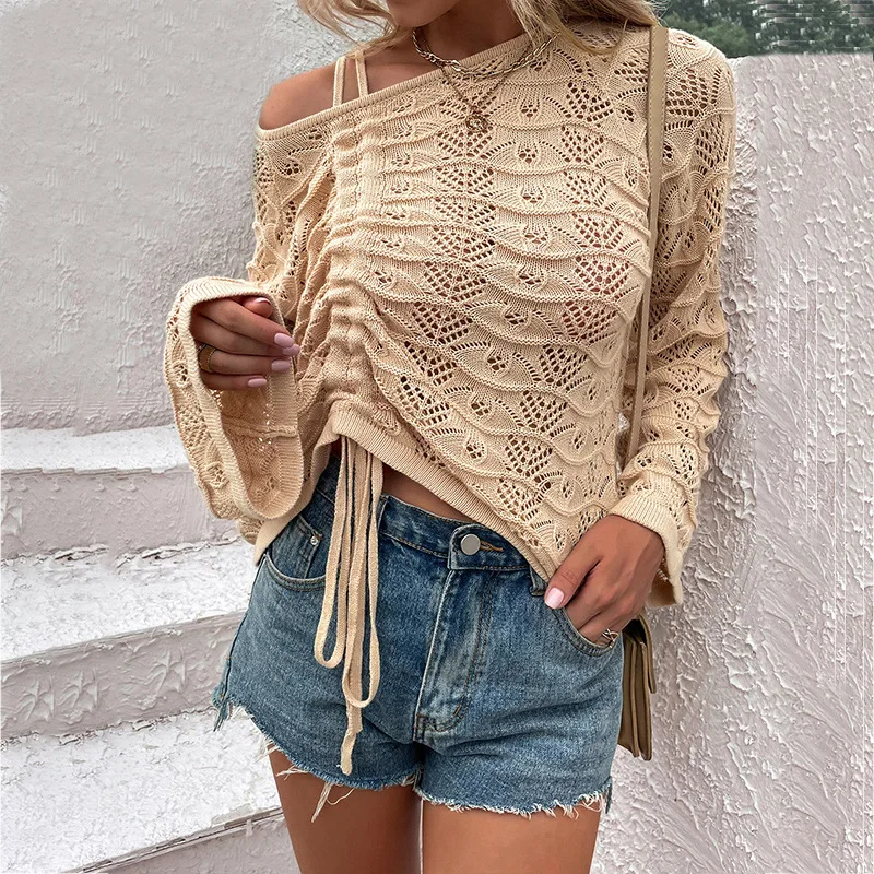 2022 Autumn Women Sweaters Flare Sleeve Sexy Bandage Hollow Out Lace Up Solid Color Casual Loose Beach Female Pullovers C3901
2022 Autumn Women Sweaters Flare Sleeve Sexy Bandage Hollow Out Lace Up Solid Color Casual Loose Beach Female Pullovers C3901