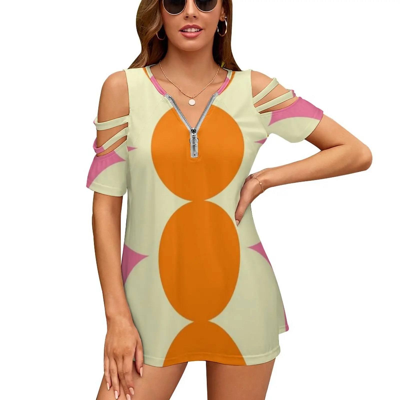 Женская Винтажная футболка на молнии с градиентными кругами и графическим принтом
Женская Винтажная футболка на молнии с градиентными кругами и графическим принтом