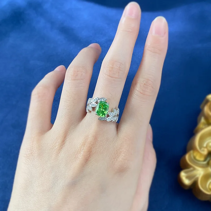 

925 Sterling Silver Leaves Small And Fresh Inlaid With High Carbon Diamonds For Women Green Zirconium Ring Fine Jewelry Gifts