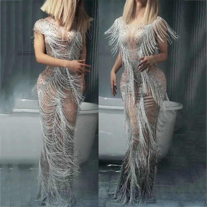 White Fringes Rhinestones Long Dress Women'S Birthday Celebrate Dresses Evening Wear Female Singer Stage Dancewear costume DT833
White Fringes Rhinestones Long Dress Women'S Birthday Celebrate Dresses Evening Wear Female Singer Stage Dancewear costume DT833