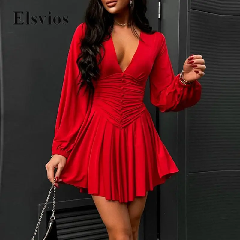 Lady Solid New Fashion Long Sleeve Draped Pleat Short Dress Casual Women Mini Dress Sexy Deep V Neck Slim High Waist Party Dress
Lady Solid New Fashion Long Sleeve Draped Pleat Short Dress Casual Women Mini Dress Sexy Deep V Neck Slim High Waist Party Dress