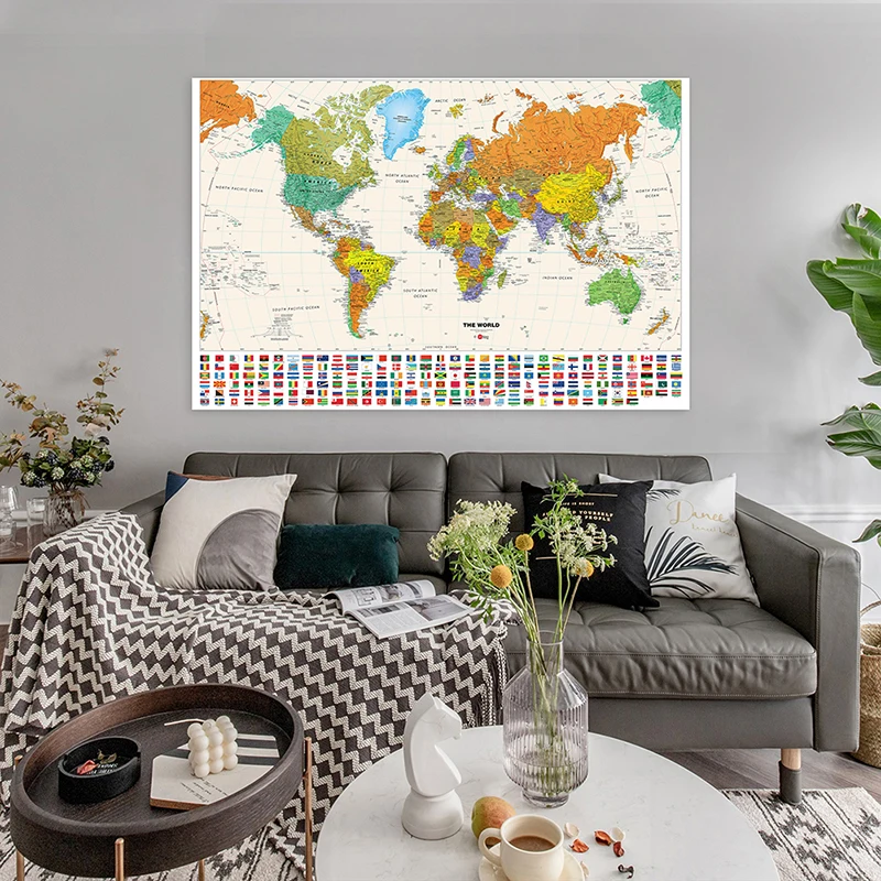 

Non-woven Fabric The World Map with National Flags 100*70cm Art Poster Home Decoration Teaching Travel Study Supplies