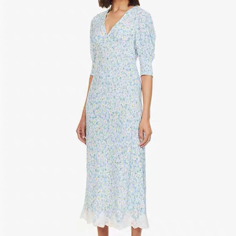 Flower Print Women Blue midi Dress V-neck Lace Stitching Temperament lady Slim Waist Dress
Flower Print Women Blue midi Dress V-neck Lace Stitching Temperament lady Slim Waist Dress