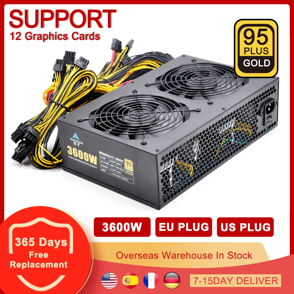 

3600W Mining Power Supply Source PSU ATX 95% Efficiency Bitcoin BTC ETH Miner Support 12 Graphics Card 180-220V EU 110-160V US
