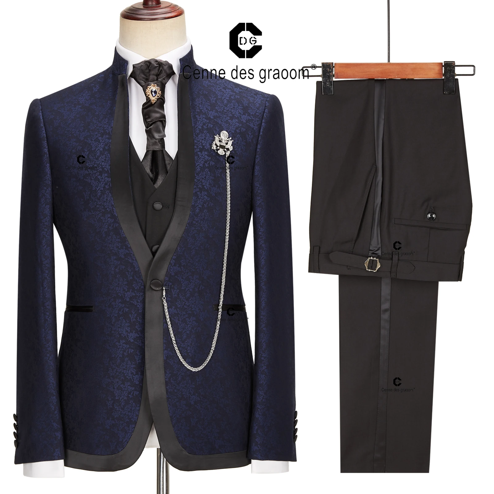 Cenne Des Graoom New Elegant Suits For Men Blue Jacquard Blazer Classic Waist Coat Black Tuxedo With Tie 4 Piece Wedding Party
Cenne Des Graoom New Elegant Suits For Men Blue Jacquard Blazer Classic Waist Coat Black Tuxedo With Tie 4 Piece Wedding Party