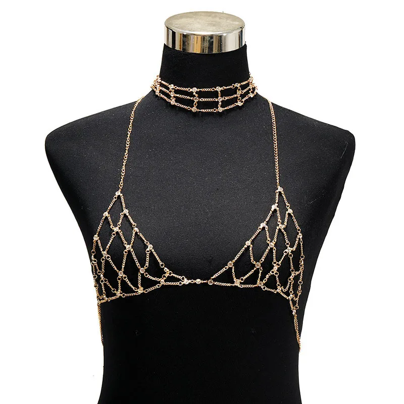 Фото Модное роскошное позолоченное ожерелье Стразы цепочка для груди сексуальный