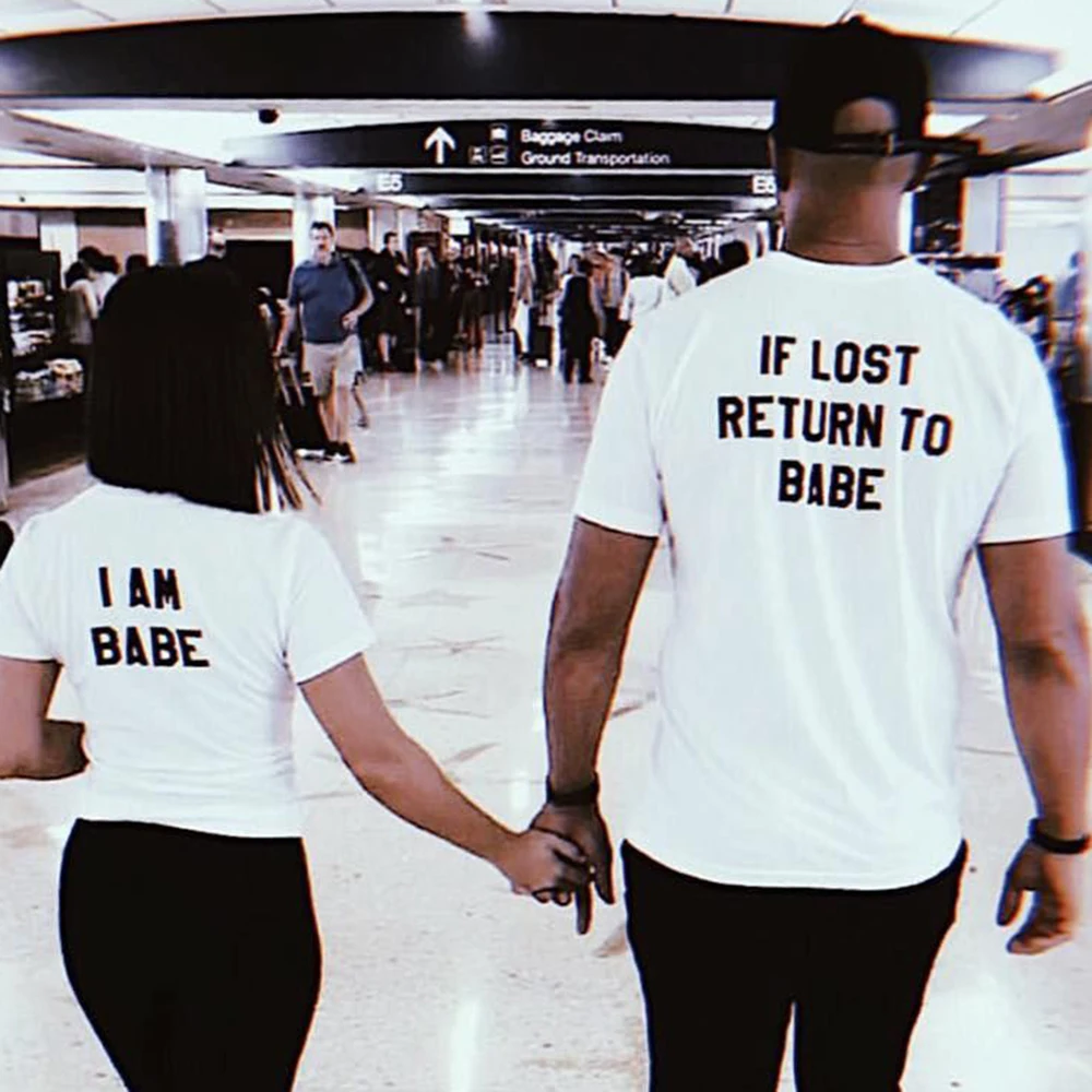 

Summer Casual Short Sleeve Couple Tops Lover Tee Couples Clothing NEW Funny If Lost Return To Babe I Am Babe Printed T Shirts