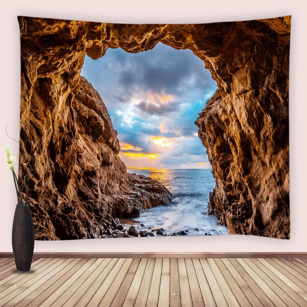 

Naturel Sea Ocean Coast Tapestry Wall Hanging Cave Scenery Beach Stone Rocks Landscape Tapestries for Bedroom Living Room Decor