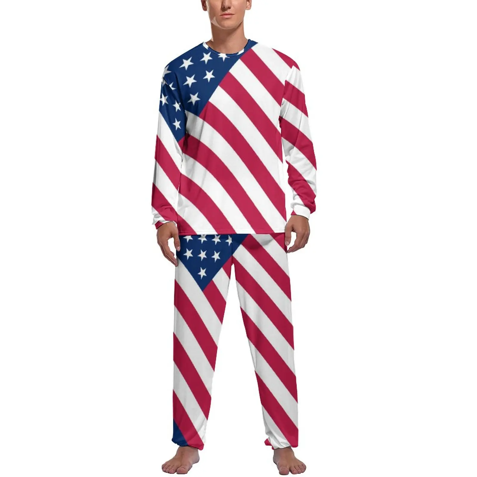 

Patriotic American Flag Pajamas 2 Pieces Stars and Stripes Print Elegant Pajama Sets Long-Sleeve Leisure Graphic Sleepwear