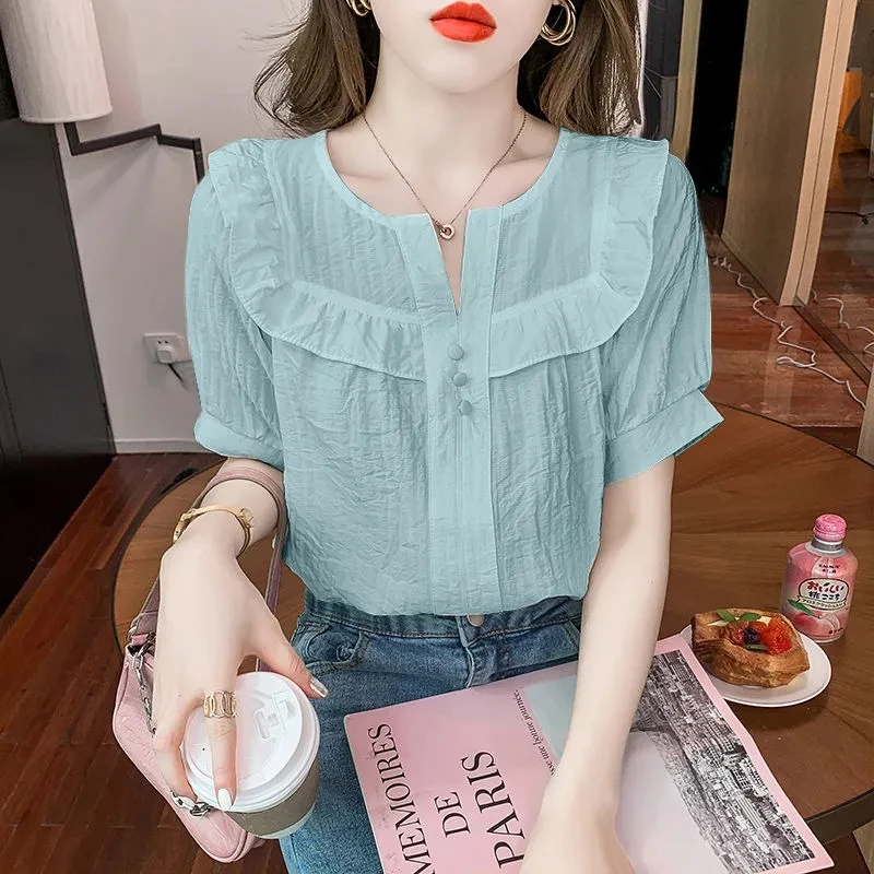 Womens Blouse Office Button V-neck Ruffle Solid Color Clothing Short Sleeve Casual Blusas Mujer De Moda 2021 Verano Elegantes
Womens Blouse Office Button V-neck Ruffle Solid Color Clothing Short Sleeve Casual Blusas Mujer De Moda 2021 Verano Elegantes