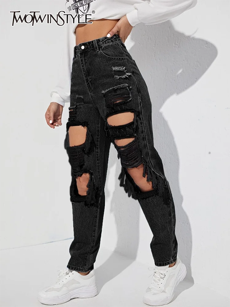 TWOTWINSTYLE Black Jeans For Women High Waist Highwaist Holes Denim Patchwork Button Casual Loose Wide Leg Pants Female Autumn
TWOTWINSTYLE Black Jeans For Women High Waist Highwaist Holes Denim Patchwork Button Casual Loose Wide Leg Pants Female Autumn