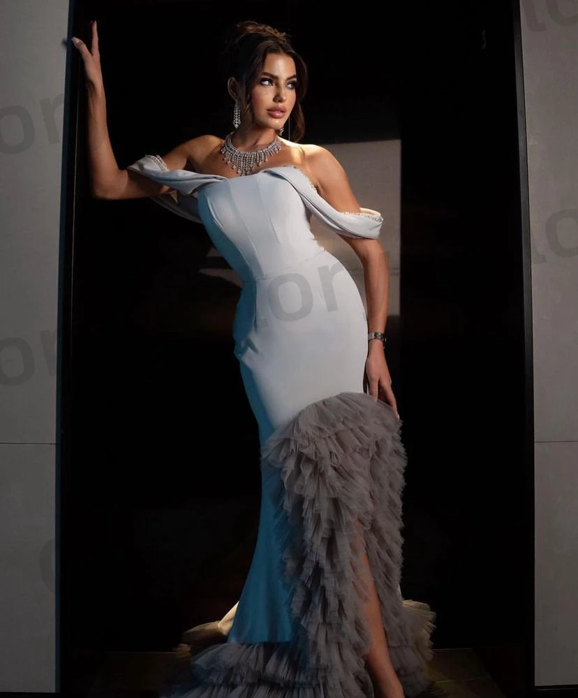 Silver Off Shoulder Evening Dresses For Women Mermaid Tulle Ruffles Side Split Simple Formal Occasion Wedding Party Gowns
Silver Off Shoulder Evening Dresses For Women Mermaid Tulle Ruffles Side Split Simple Formal Occasion Wedding Party Gowns