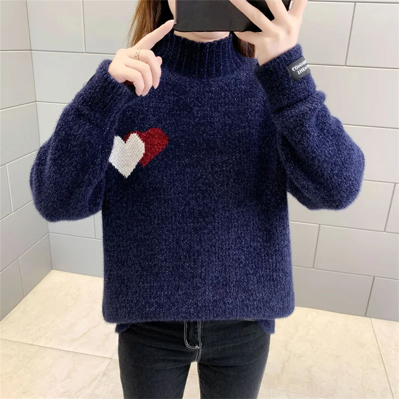 Korean Women Half Turtleneck Knitted Sweater Femme Chandails Spring Autumn Loose Heart Pattern Knitting Pullover Sweaters Female
Korean Women Half Turtleneck Knitted Sweater Femme Chandails Spring Autumn Loose Heart Pattern Knitting Pullover Sweaters Female