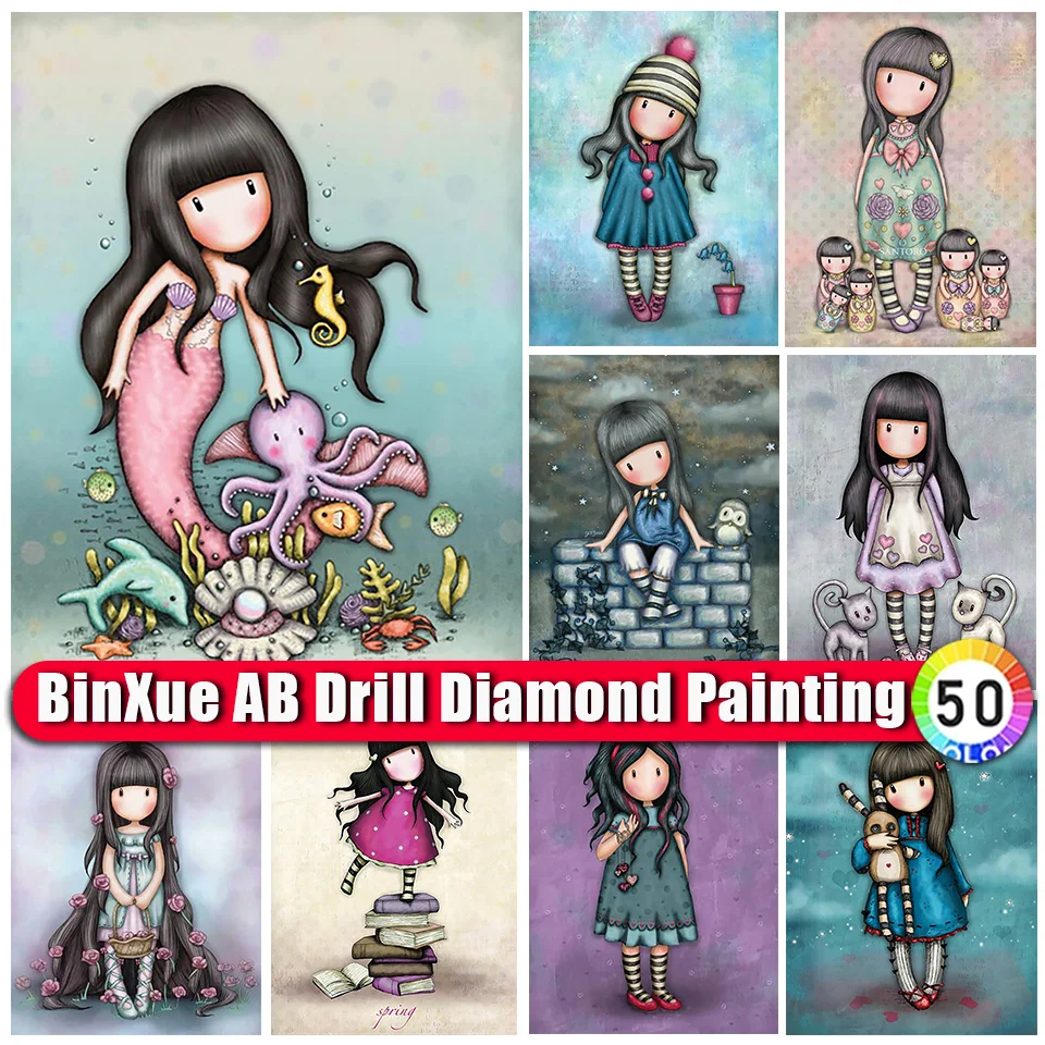 

BinXue 5D DIY Cartoon Girl AB Diamond Painting Princess Kids Handmade DIY Full Square Flower Cat Doll Mosaic Art Home Decor Gift