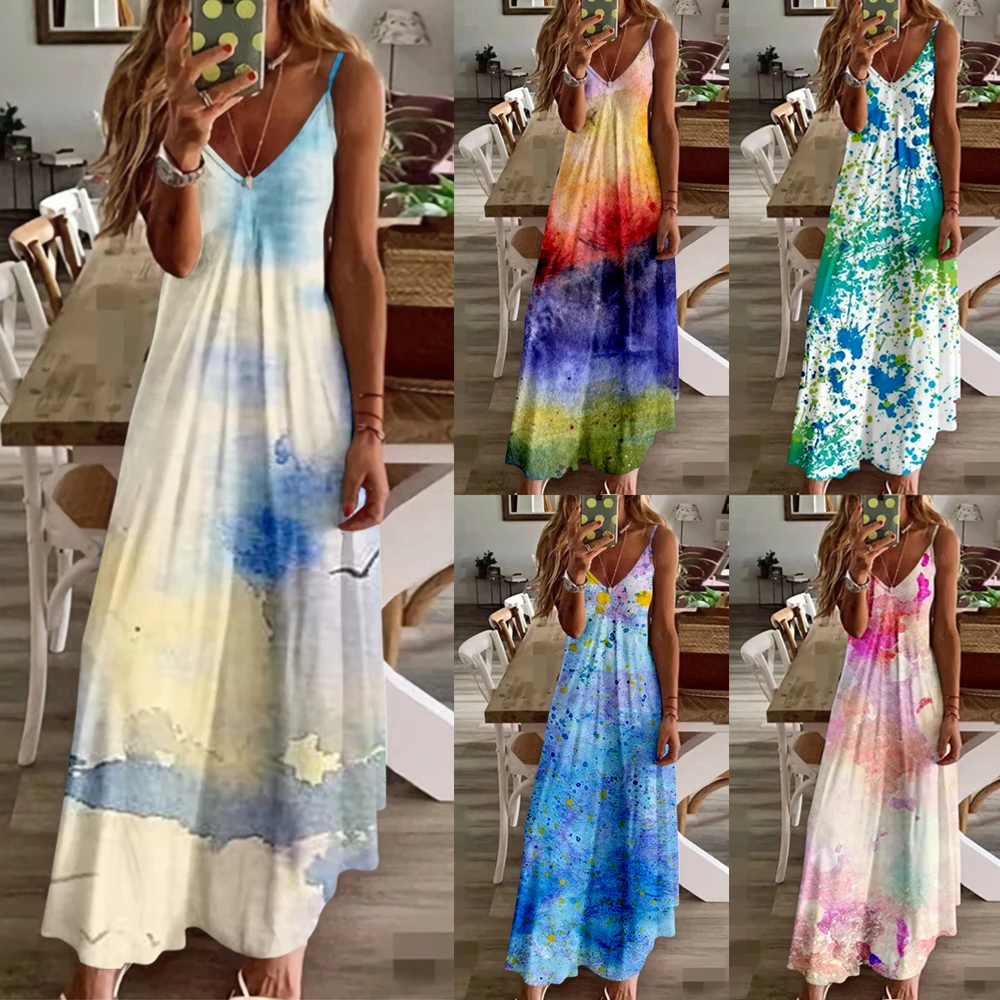 Summer Women New V-Neck Sling Watercolor Printing Sexy Beach Long Maxi Dress Sleeveless Vintage Clothing Plus Size
Summer Women New V-Neck Sling Watercolor Printing Sexy Beach Long Maxi Dress Sleeveless Vintage Clothing Plus Size