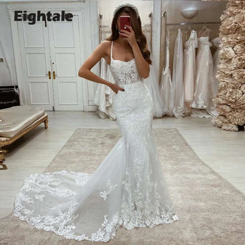 Eightale Bohemian Wedding Gowns Mermaid Spaghetti Strap Appliques Lace Beach Wedding Dress White Ivory Boho Bridal Dress 2022
Eightale Bohemian Wedding Gowns Mermaid Spaghetti Strap Appliques Lace Beach Wedding Dress White Ivory Boho Bridal Dress 2022