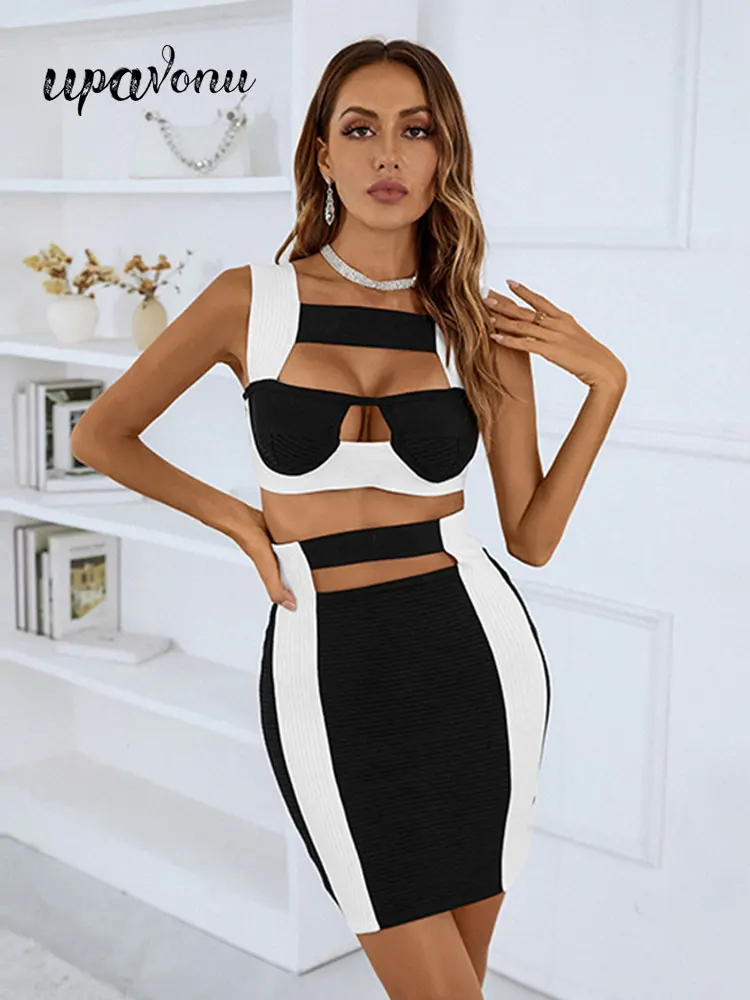 

Women's Sexy Summer Dresses 2022 New Square Neck Sleeveless Colorblock Cutout Design Bodycon Mini Dress Evening Party Vestidos