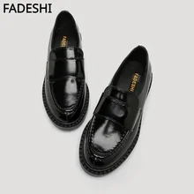 FADESHI Womens Lefu Shoes 2023 New Round Toe Thick Sole Slip on Shoes High Heel slip on black Small Leather Shoes Size 35-41