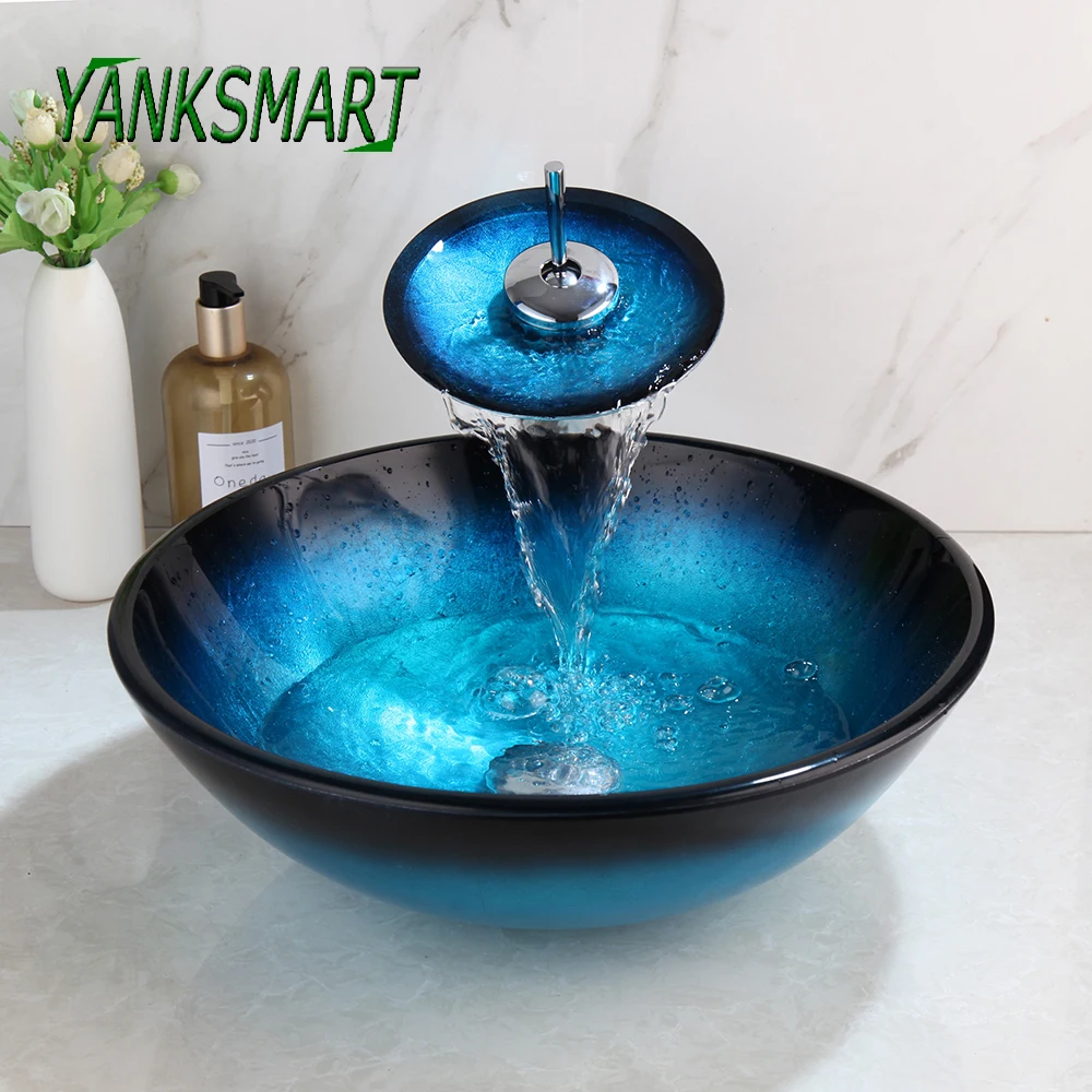 YANKSMART Blue Round Bathroom Tempered Glass Wash Basin Faucet Set Counter Top Washroom Basin Vessel Vanity Sink Mixer Tap
YANKSMART Blue Round Bathroom Tempered Glass Wash Basin Faucet Set Counter Top Washroom Basin Vessel Vanity Sink Mixer Tap