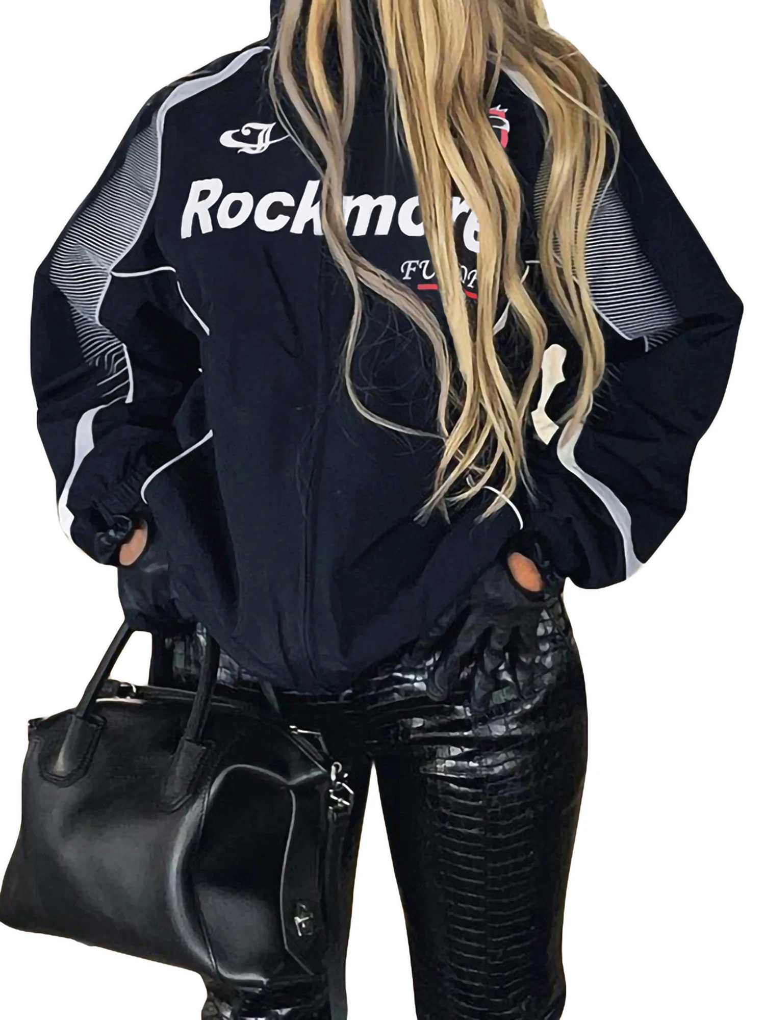 Women s Zip Up Bomber Jacket Casual Long Sleeve Stand Collar Letter Print Biker Coat Outerwear Windbreaker with Pockets 
Women s Zip Up Bomber Jacket Casual Long Sleeve Stand Collar Letter Print Biker Coat Outerwear Windbreaker with Pockets