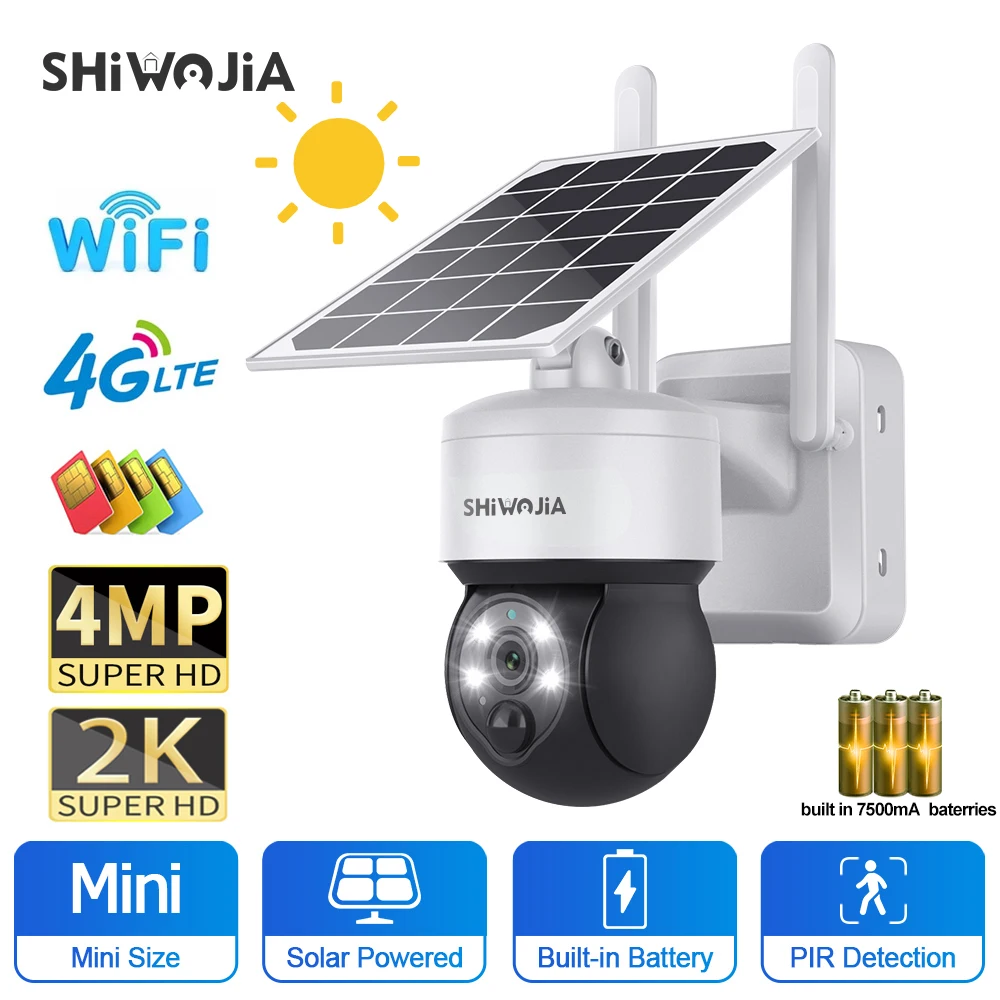 

SHIWOJIA 4MP 2K WIFI Solar Camera 4G SIM Outdoor 3W Solar Panel PTZ PIR Detection Audio Security Camera CCTV Surveillanc Camera