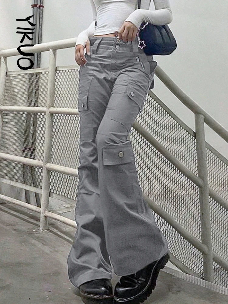 

YIKUO Vintage Streetwear Y2K Cargo Denim Pants Pockets Aesthetic Fairycore Grunge Flare Jeans Loose High Waist Baggy Trousers