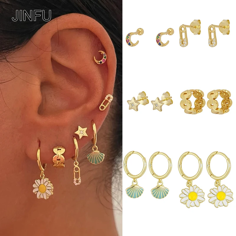 

JINFU Copper Gold Plated Women's Earring Set Boho Style CZ Zircon Dripping Oil Hoop Stud Dangle Earrings 2022 Jewelry Wholesale