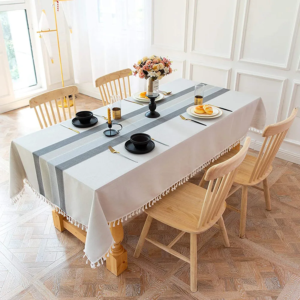 Black and gray cotton linen tablecloths, fabric striped tablecloths with striped tassels, kitchen table decoration
Black and gray cotton linen tablecloths, fabric striped tablecloths with striped tassels, kitchen table decoration