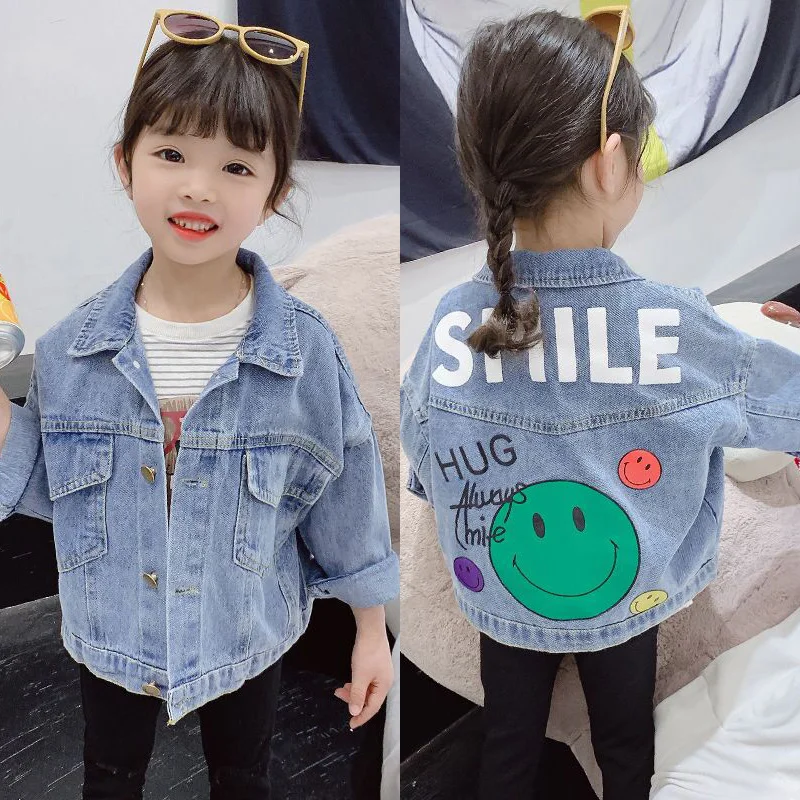 

Демисезонная джинсовая куртка для девочек, модная ветровка с мультяшным рисунком улыбки для детей, детская одежда, верхняя одежда, куртки, пальто