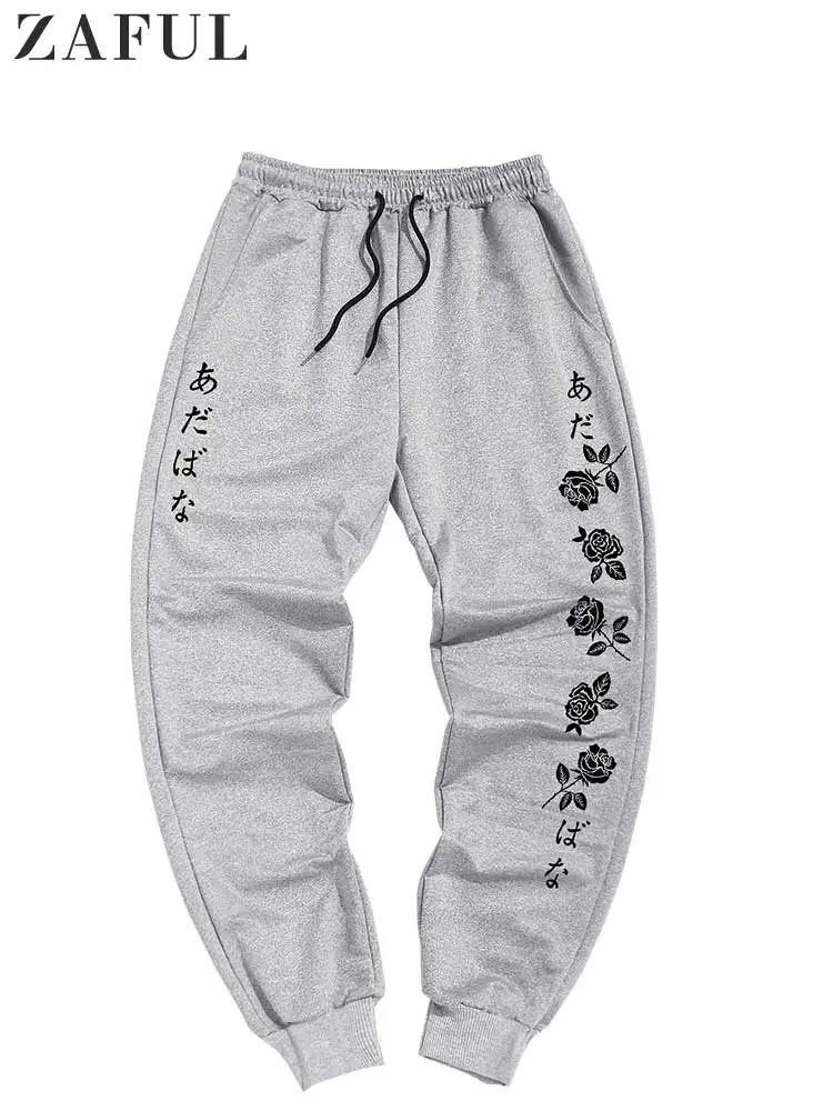 

ZAFUL Men's Cargo Pants Rose Flower Print Casual Pants Elastic Mid-waist Jogger Long Sweatpants Streetwear Beam Feet Trousers