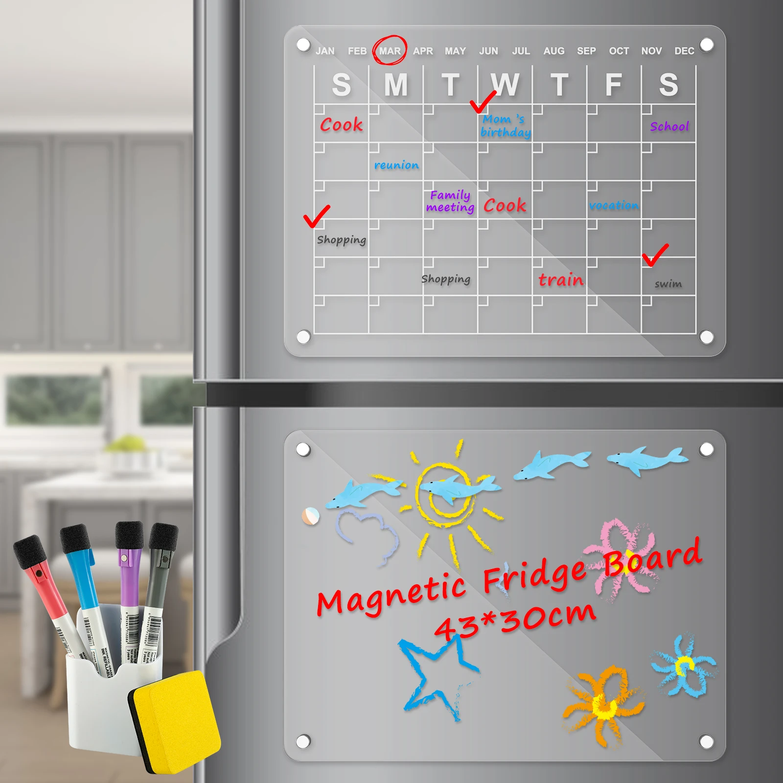 Acrylic Magnetic Calendar Set with 4 Markers Pen Holder Reusable Magnetic Dry Erase Board Clear Acrylic Fridge Board Calendar
Acrylic Magnetic Calendar Set with 4 Markers Pen Holder Reusable Magnetic Dry Erase Board Clear Acrylic Fridge Board Calendar