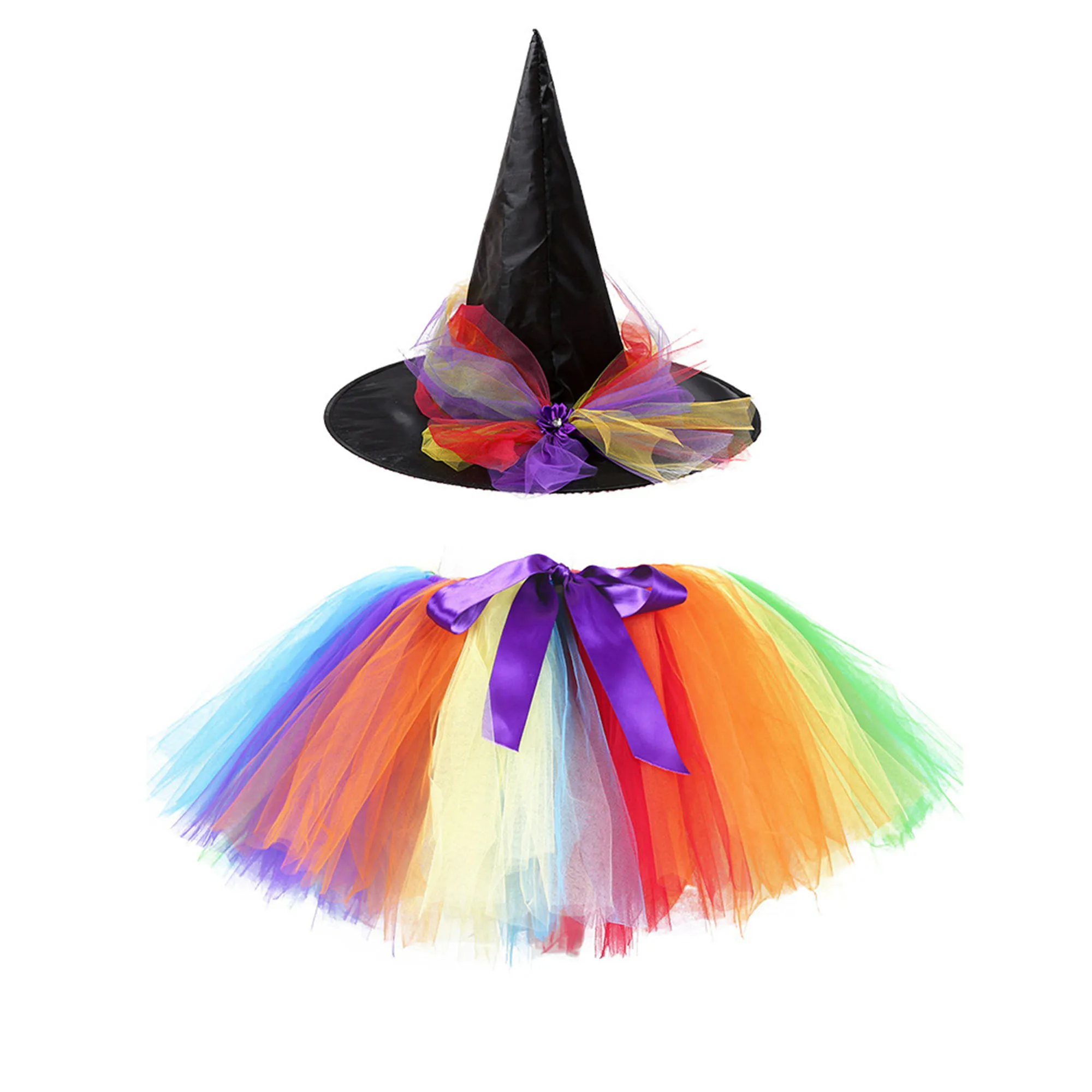 

Womens Witch Role Play Outfit Uniform Halloween Carnival Theme Party Cosplay Costumes Colorful Lace-up Tulle Tutu Skirt with Hat