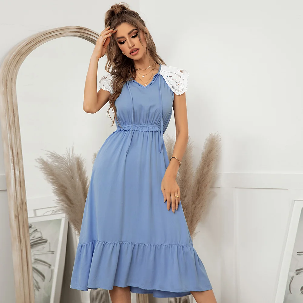 2022 Lace Stitching Solid Color Women Dresses Spring Summer Elegant Short Sleeve V Neck Beach Maxi Dress Women Casual Dresses
2022 Lace Stitching Solid Color Women Dresses Spring Summer Elegant Short Sleeve V Neck Beach Maxi Dress Women Casual Dresses
