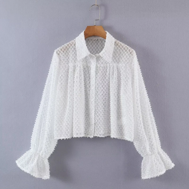 2022 Loose White Blouse Women Flare Sleeve Turn Down Collar See Through Shirt Lady Street Wear Spring Tops
2022 Loose White Blouse Women Flare Sleeve Turn Down Collar See Through Shirt Lady Street Wear Spring Tops