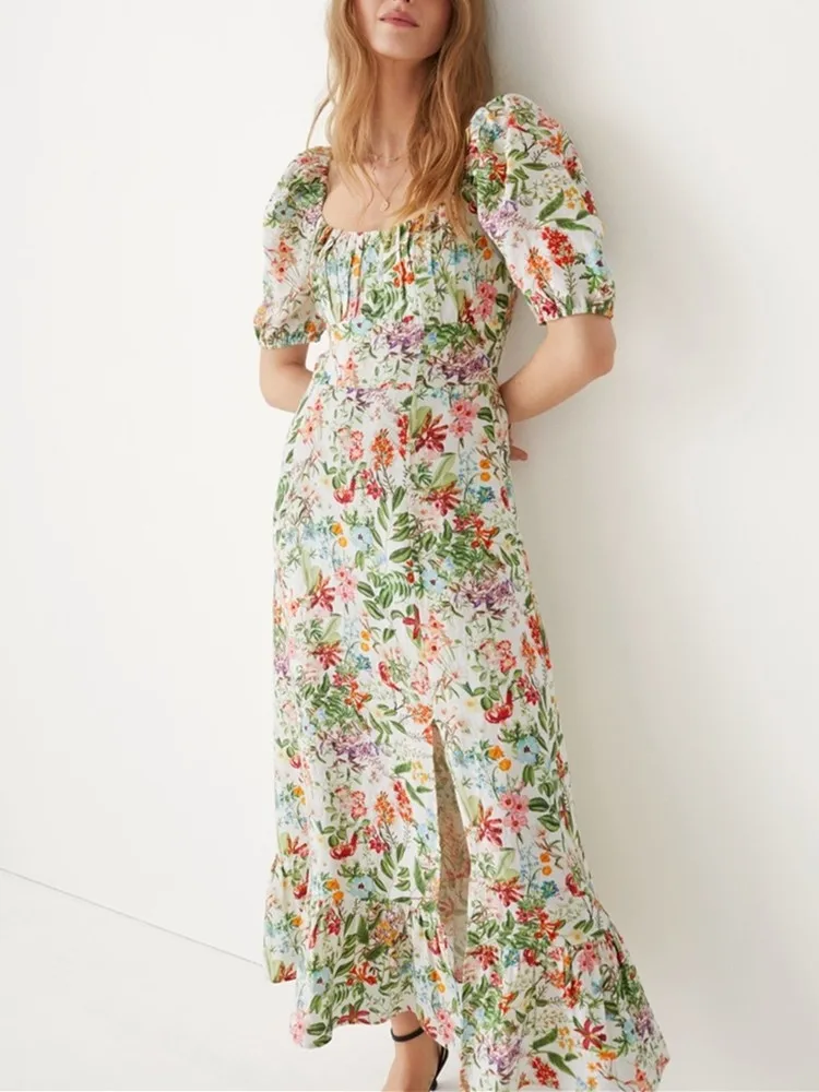 Women Midi Robe Print Square Collar Ruffle Puff Sleeve Split Hem Sweet Dress
Women Midi Robe Print Square Collar Ruffle Puff Sleeve Split Hem Sweet Dress