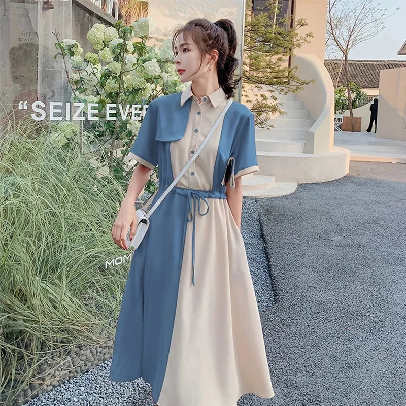 Summer Color Matching Shirt Dress Women's 2022 New Waist-Waisted Light And Mature Style Retro Temperament Tea Break Long Dresses
Summer Color Matching Shirt Dress Women's 2022 New Waist-Waisted Light And Mature Style Retro Temperament Tea Break Long Dresses