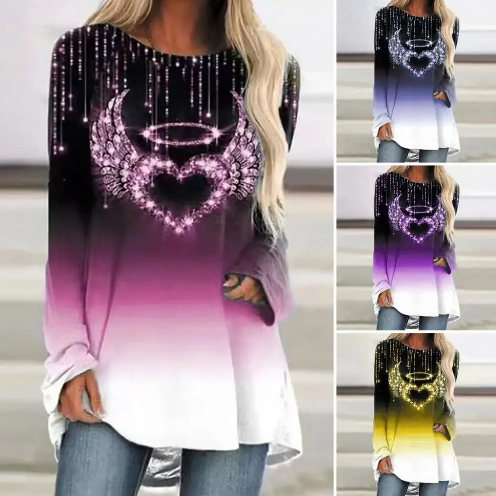 Autumn Women's Blouse O-Neck Long Sleeves Shining Rhinestone Mid-Length Heart Angel Wings Pattern Gradient Color Female T-shirt
Autumn Women's Blouse O-Neck Long Sleeves Shining Rhinestone Mid-Length Heart Angel Wings Pattern Gradient Color Female T-shirt