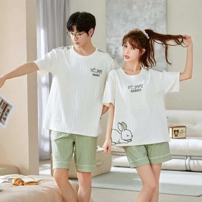 

Summer Couple Pajamas Set New Green Little Dinosaur Loose Cotton Nightwear Mujer Casual Home Suit Sweet Sleepwear For Women Men