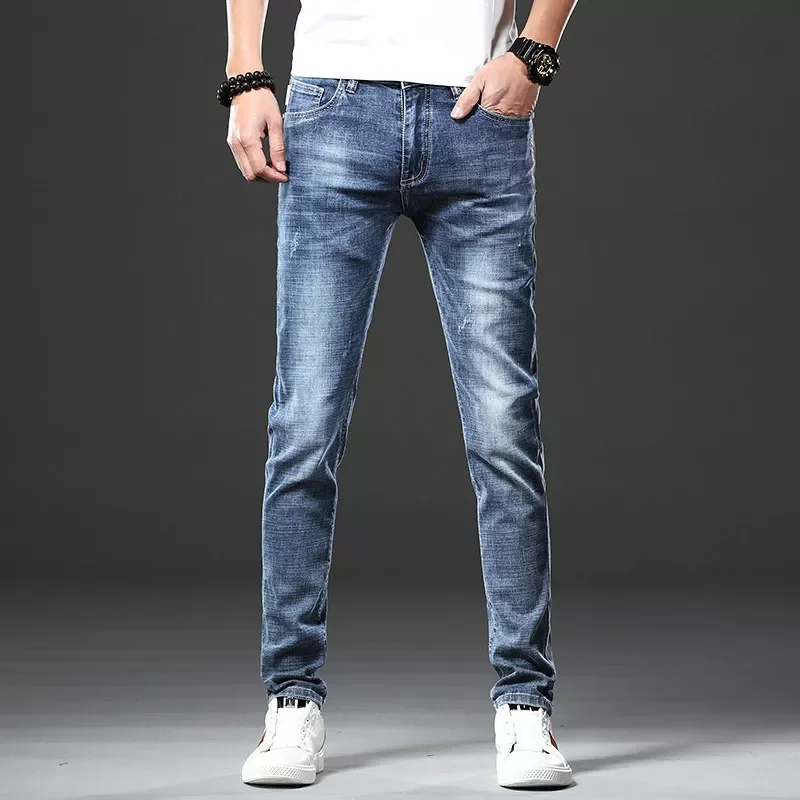 

Джинсы Jantour мужские узкие, брендовые облегающие джоггеры из денима, эластичные джинсовые брюки-карандаш, синие модные повседневные