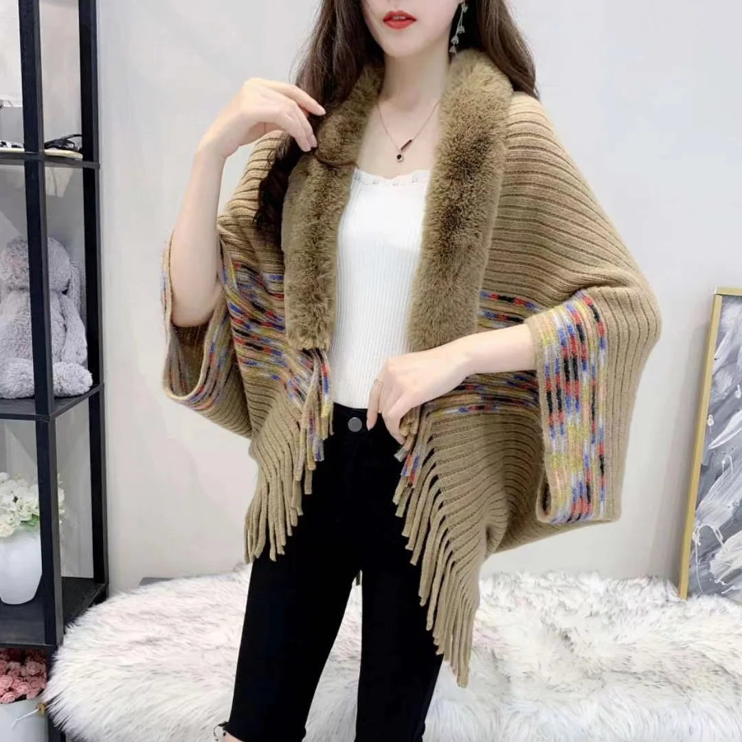 Autumn Winter Imitation Wool Collar Tassel Knitted Cape Cardigan Coat Warm Poncho Lady Capes Khaki Cloaks
Autumn Winter Imitation Wool Collar Tassel Knitted Cape Cardigan Coat Warm Poncho Lady Capes Khaki Cloaks