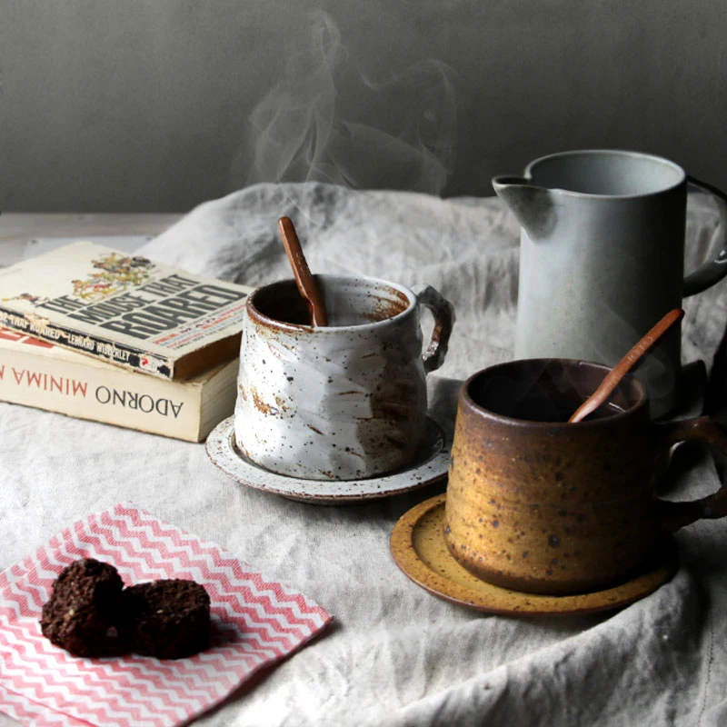 

Retro Coffee Cup Saucers Set Pastoral Wind Coarse Clay Stoneware Heat-Resistan Handgrip Art Mug Water Cups Tea Home Drinkware
