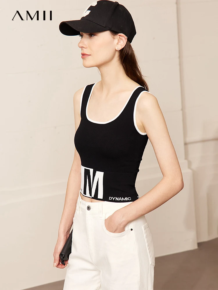 

AMII Minimalism 2023 Spring New Sweet Cool Sporty Camisole&Vest U-neck Woman Clothing Contrasting Colors Female Tops 12342445