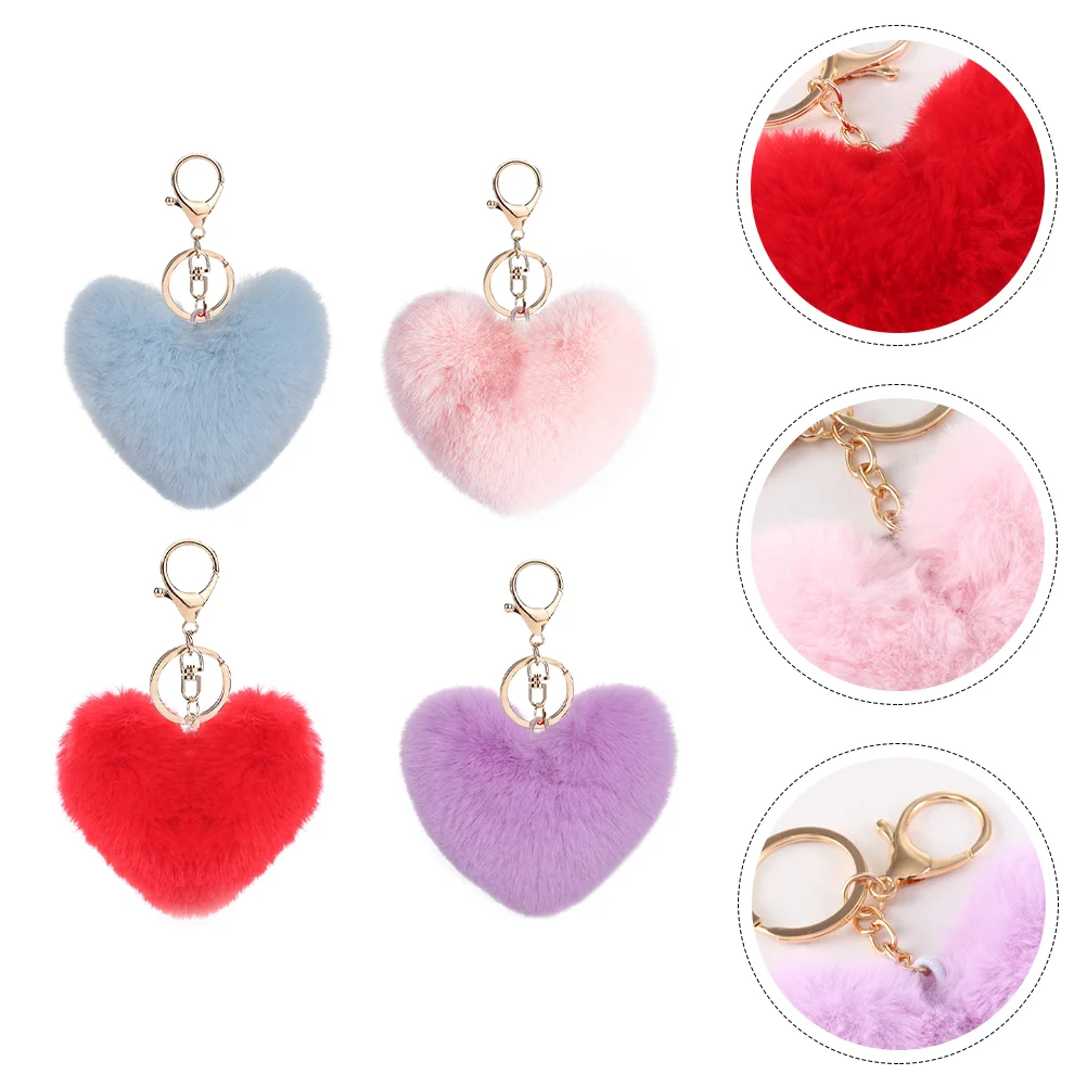 

4 Pcs Pink Wallet Keychain Pompons Plush Ball Heart Chains Handbag 11x10cm Car Decor Pendant Keychains Alloy Lovers