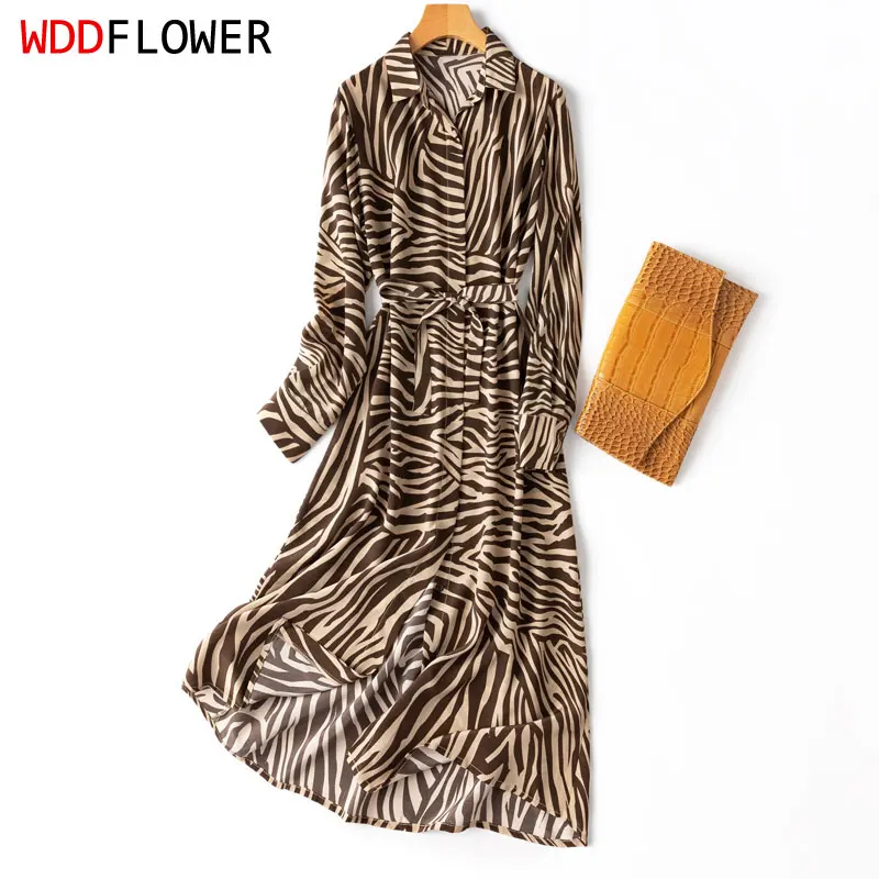 Women 100% Mulberry Silk 19 momme crepe silk Midi Shirt Dress Long Sleeve Zebra Printed Buttons Down Elastic Waist Dress MM231
Women 100% Mulberry Silk 19 momme crepe silk Midi Shirt Dress Long Sleeve Zebra Printed Buttons Down Elastic Waist Dress MM231