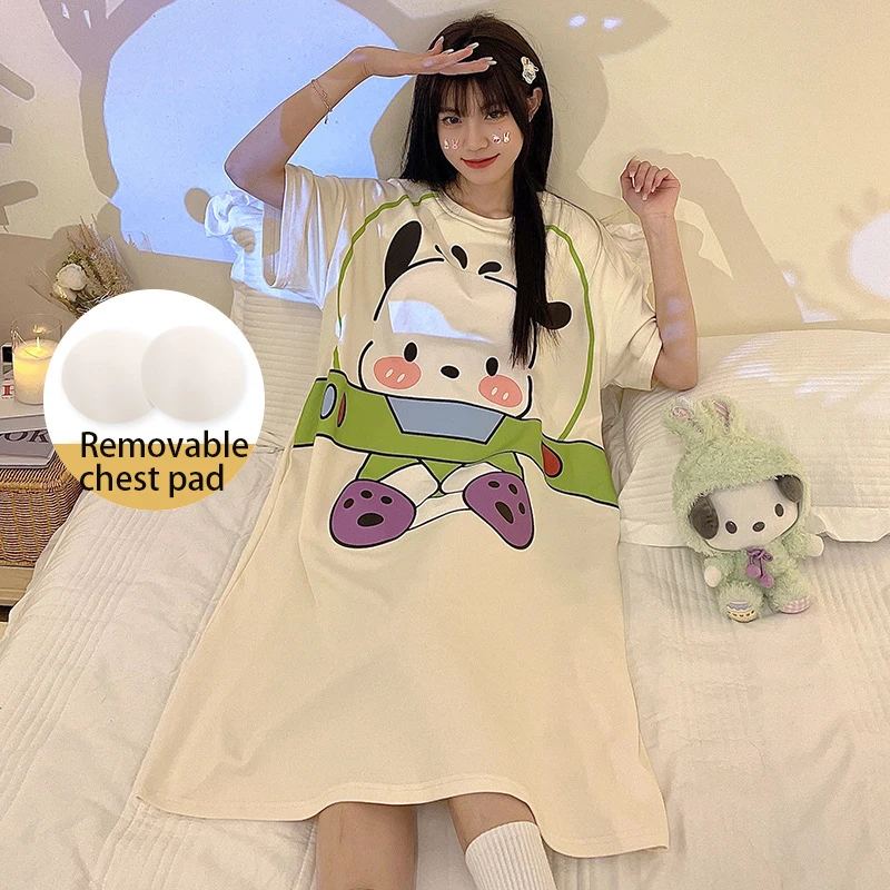 Kawaii Sanrio Pochacco Nightdress Kuromi Cartoon Female Summer Thin Section Short sleeved Pajamas with Chest Pad Home Service
Kawaii Sanrio Pochacco Nightdress Kuromi Cartoon Female Summer Thin Section Short sleeved Pajamas with Chest Pad Home Service