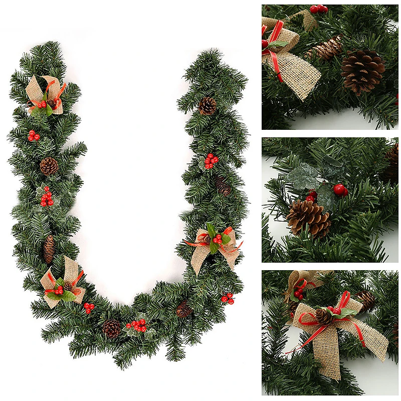 

1.8M Christmas Decor Rattan Artificial Flower Tree Ornament Outdoor Garland Wreath Pine Cones Pendant Bowknot Party Supplies