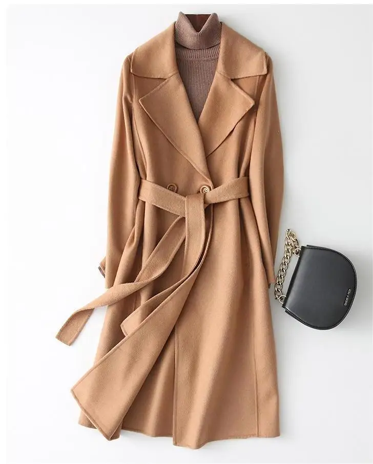 

Повседневное твидовое пальто, модное двухстороннее шерстяное пальто, женское приталенное шерстяное пальто средней длины на осень/зиму, 2023
