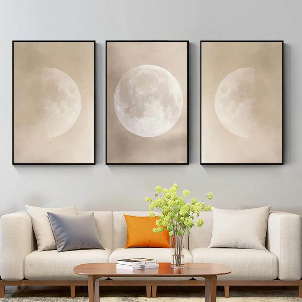 

Vintage Beige Full Moon Art Prints 3 Panels Wall Decor Canvas Painting Nature Lunar Eclipse Landscape Posters For Living Room