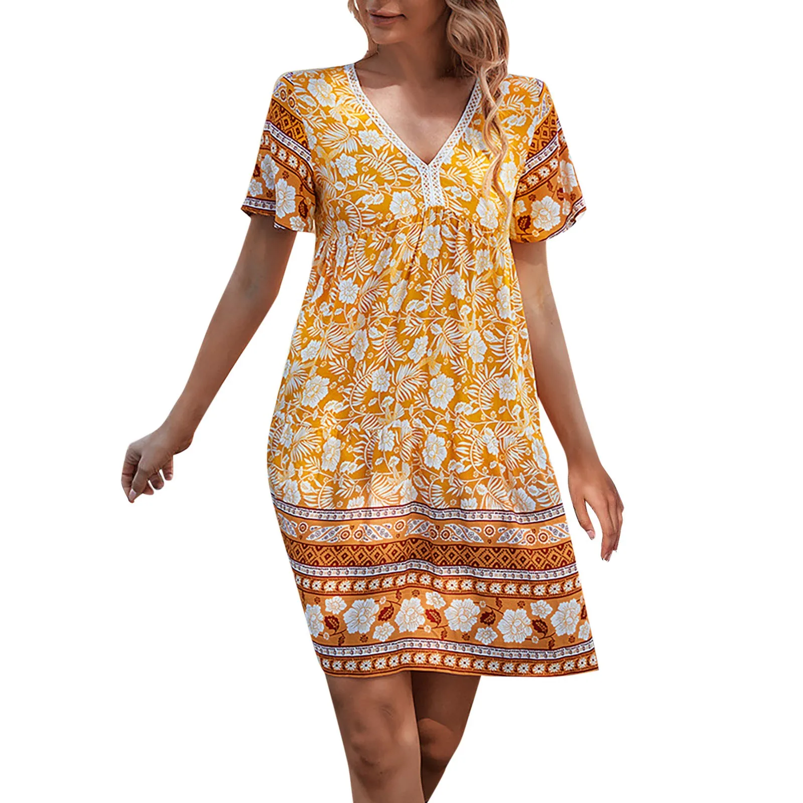 Woman Yellow Floral Dresses Summer Short Sleeve V Neck Boho Beach Mini Dress For Holiday Sundress
Woman Yellow Floral Dresses Summer Short Sleeve V Neck Boho Beach Mini Dress For Holiday Sundress